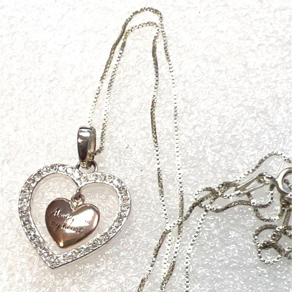 Sterling Silver & Rose Gold Heart‎ Necklace Engraved Always In My Heart CZs